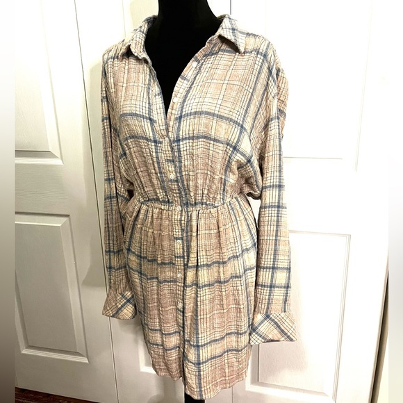 Free People Elai Plaid Check Open Back ShirtDress Ivory Combo size Large - Picture 3 of 15